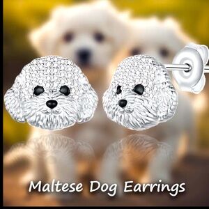 Maltese dog puppy stud earrings NWT